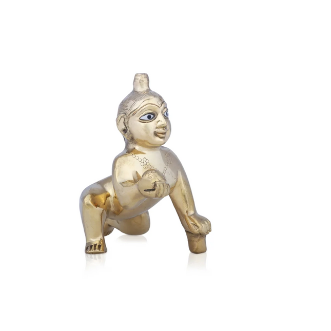 Crawling Krishna Murti – Krishna Niño en Latón Antiguo, 4 × 4 Pulgadas