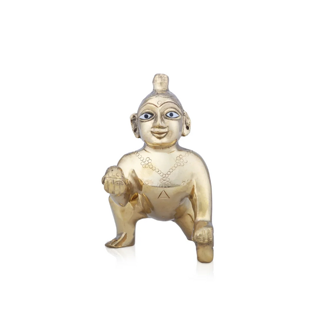 Crawling Krishna Murti – Krishna Niño en Latón Antiguo, 4 × 4 Pulgadas
