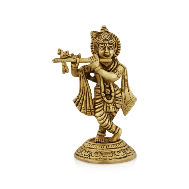 Krishna Murti de Pie sobre Base – Estatua de Krishna en Latón con Acabado Antiguo