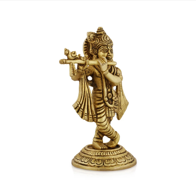 Krishna Murti de Pie sobre Base – Estatua de Krishna en Latón con Acabado Antiguo